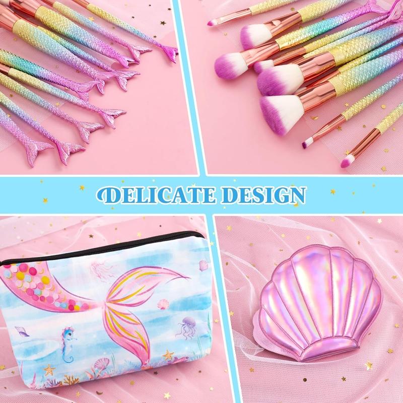 Mermaid Makeup Brushes Set - 12 count Make Up Brushes  Makeup Brushes Kit with Cosmetic Bag Mirror for Eye Shadow Foundation Blending Blush Brushes Makeup Kits Gift Set for  Teen