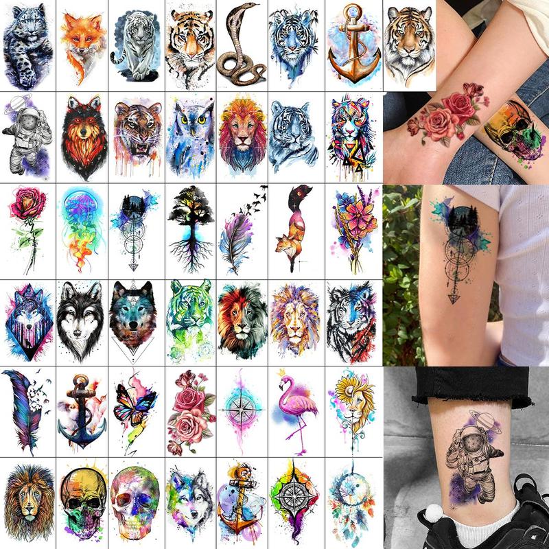 Watercolor Skull & Animals Pattern Temporary Tattoo Sticker, 55pcs set Funny Waterproof Fake Tattoo Sticker, Body Art Sticker for Kids & Adults