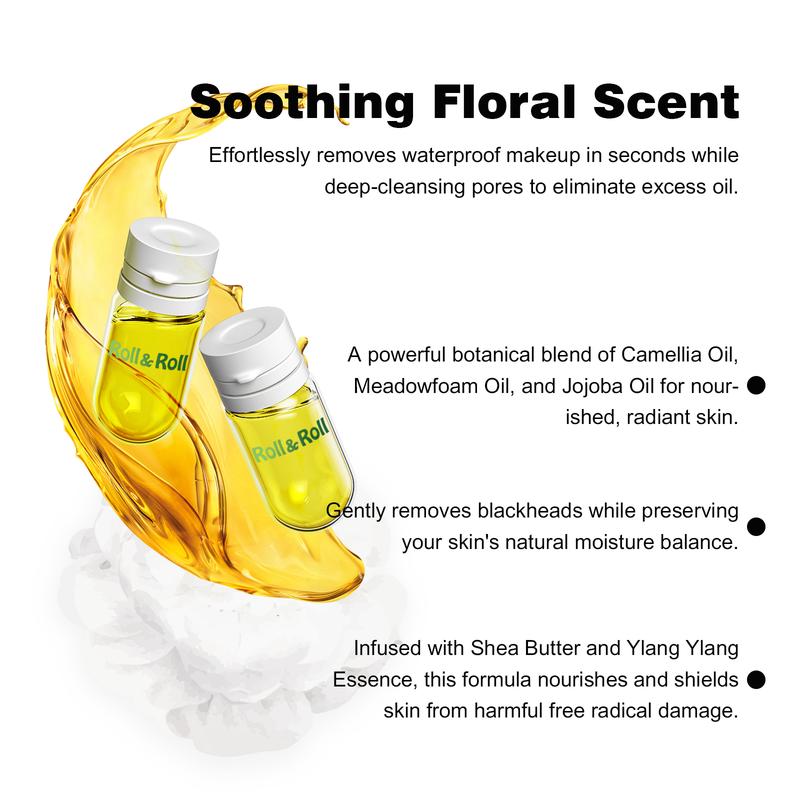 Korean Roll&Roll Camellia Deep Cleansing Oil, facial cleansing oil, blackhead remover, cleanses without clogging pores, leaves no residue, exfoliates, fragrance-free and dye-free, suitable for all skin types, 20 capsule