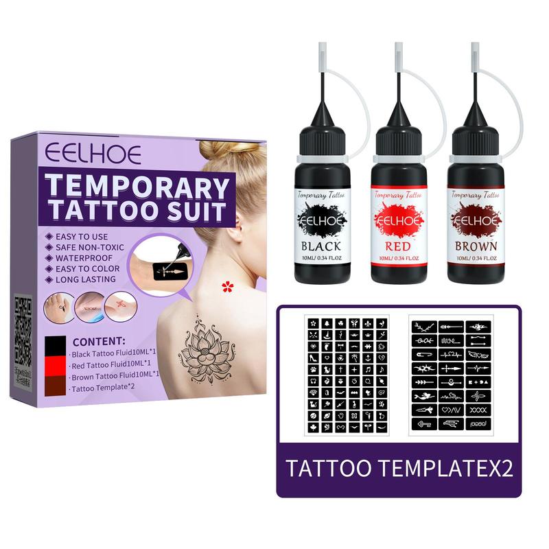 Temporary Tattoo Kit, 1 Box Waterproof Long Lasting Tattoo Pigment & Stencil Set, Body Art Tattoo Kit For Women & Men