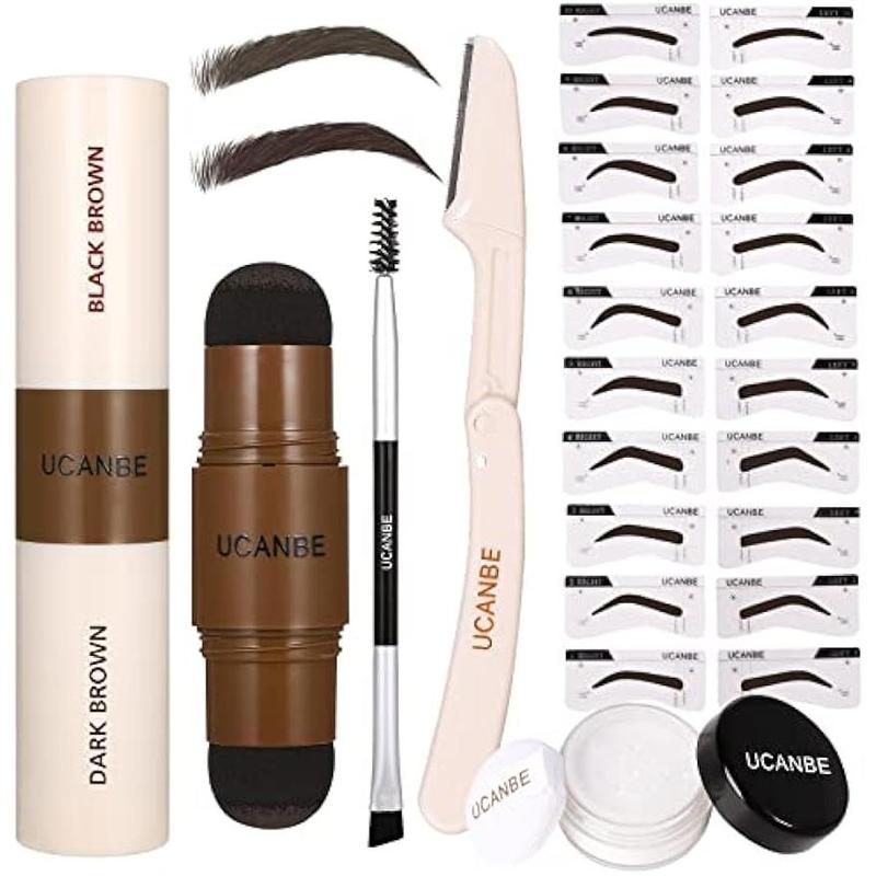 UCANBE 25PCS Eyebrow Stamp Stencil Makeup Kit,  Dual Color Eyebrow Stamp Cosmetic, 20 Reusable Stencils Finishing Powder Brush Eyebrow  Razor