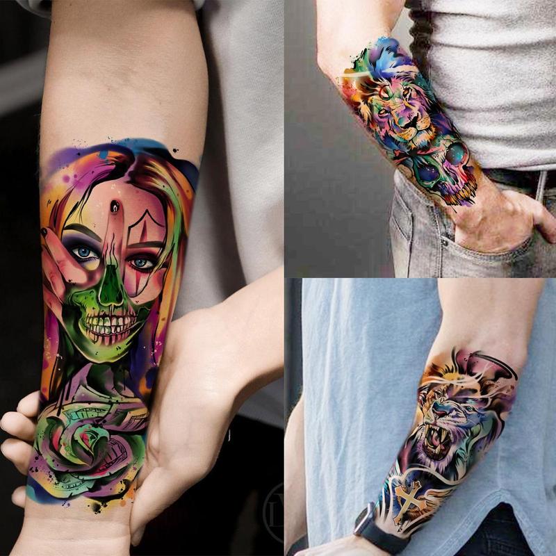 Watercolor Skull & Animals Pattern Temporary Tattoo Sticker, 55pcs set Funny Waterproof Fake Tattoo Sticker, Body Art Sticker for Kids & Adults