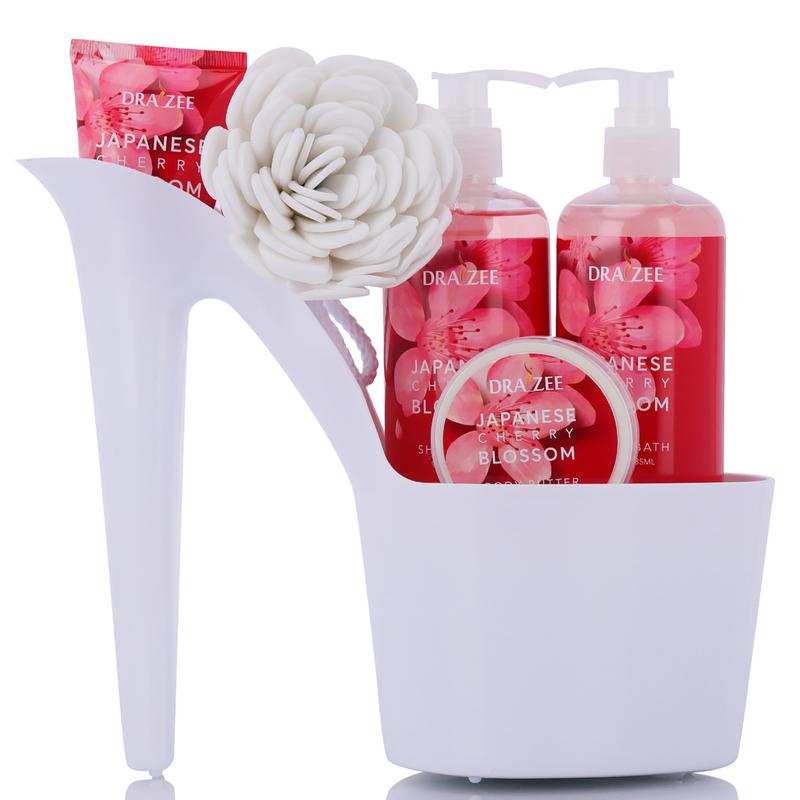 Draizee Heel Shoe Spa Gift Set – Cherry Blossom Scented Bath Essentials Gift Basket With Shower Gel, Bubble Bath, Body Butter, Body Lotion & Soft EVA Bath Puff – Luxurious Home Relaxation Gifts For Women Body Care