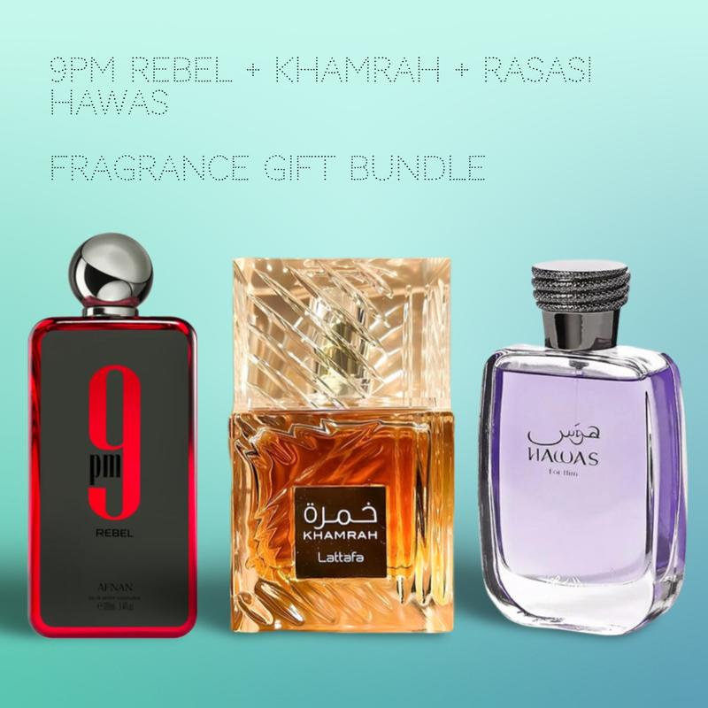 9PM Rebel + Lattafa Khamrah + Rasasi Hawas 100ml (3.4oz) Fragrance Collection Starter Pack