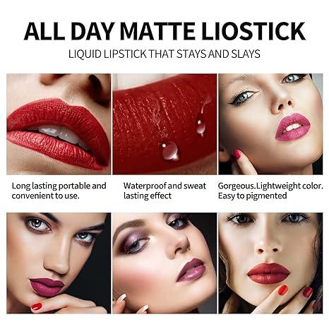 6Pcs Lipstick Makeup Set, Satin Texture Plumping Matte liquid Moisturizing Long-Lasting Wear Non-Stick Cup Not Fade Waterproof Smudge Proof Lip Gloss Suitable for All Occasions Party Festive, Girls and Women Makeup Accessories