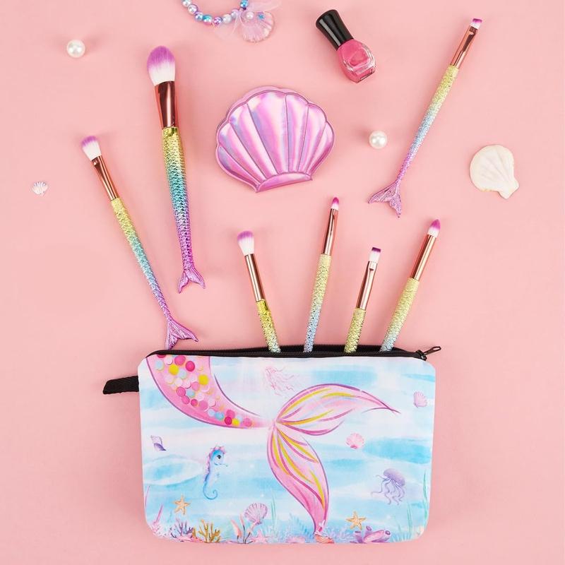 Mermaid Makeup Brushes Set - 12 count Make Up Brushes  Makeup Brushes Kit with Cosmetic Bag Mirror for Eye Shadow Foundation Blending Blush Brushes Makeup Kits Gift Set for  Teen