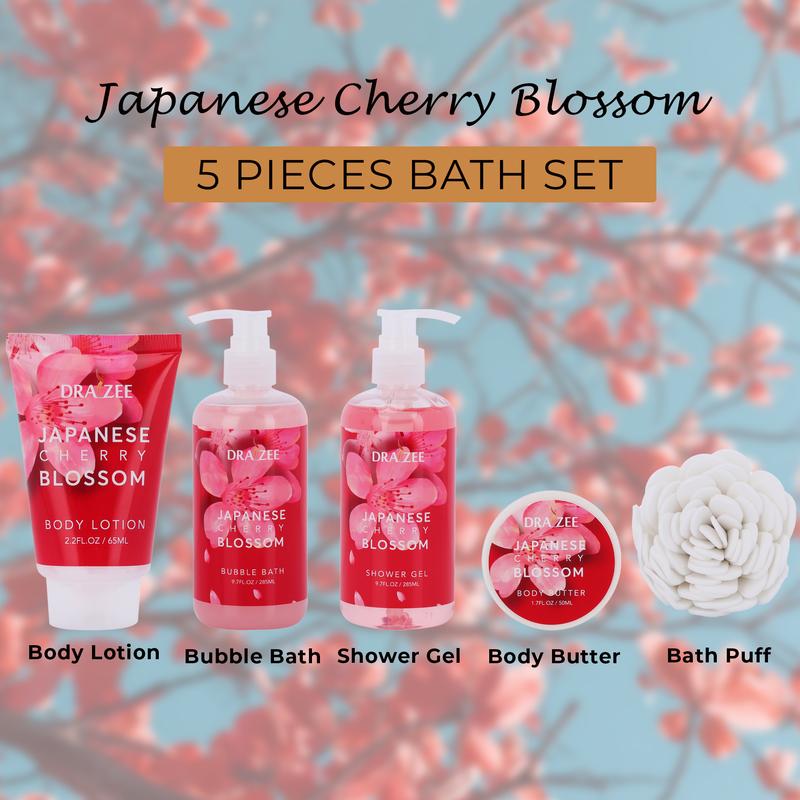 Draizee Heel Shoe Spa Gift Set – Cherry Blossom Scented Bath Essentials Gift Basket With Shower Gel, Bubble Bath, Body Butter, Body Lotion & Soft EVA Bath Puff – Luxurious Home Relaxation Gifts For Women Body Care