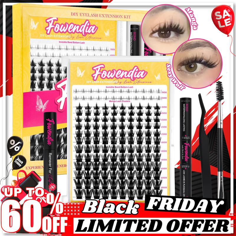 Fowendia Manga Lashes Cluster Lashes C D Curl DIY Lashes Extension Kit and Lash Clusters 8-18mm with Bond, Seal, and Remover - Ultra-Thin Transparent Bands, No-Glue Lower Lashes, Lash magic Anime False Lash Extension Kit Makeup Cosmetic