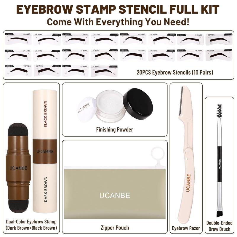 UCANBE 25PCS Eyebrow Stamp Stencil Makeup Kit,  Dual Color Eyebrow Stamp Cosmetic, 20 Reusable Stencils Finishing Powder Brush Eyebrow  Razor