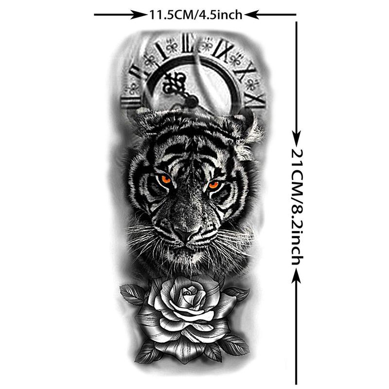 Clock Tiger Rose Tattoo Sticker, 1 Count Fake Tattoo Sleeve Sticker, Waterproof Temporary Tattoo Sticker For Women Men