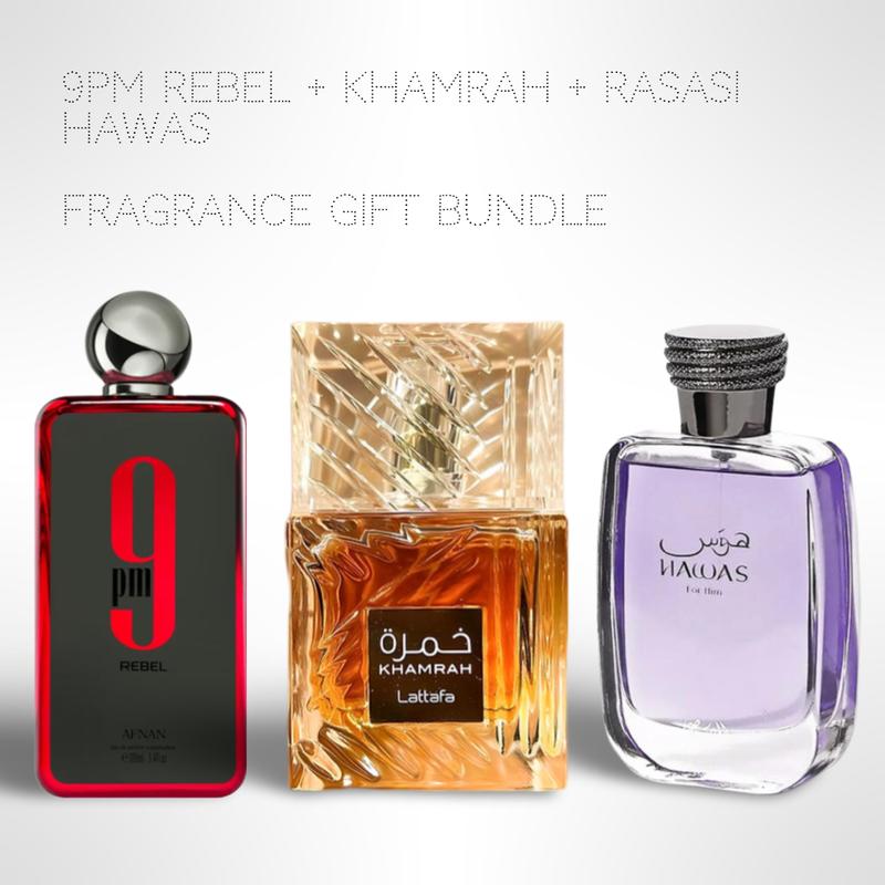 9PM Rebel + Lattafa Khamrah + Rasasi Hawas 100ml (3.4oz) Fragrance Collection Starter Pack