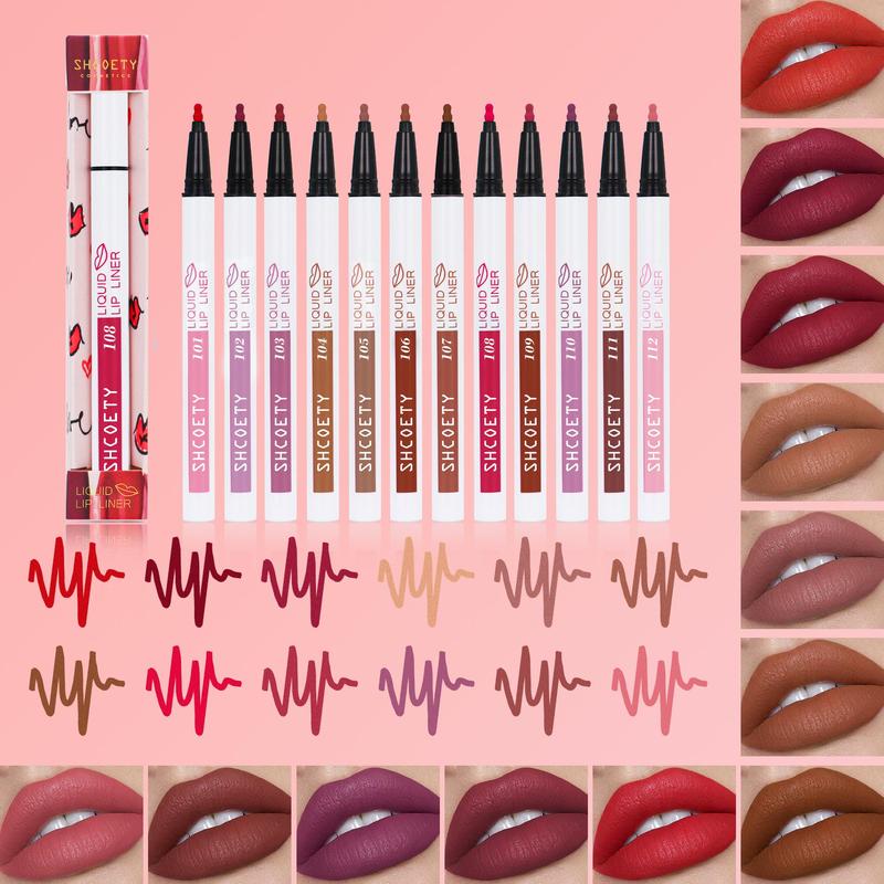 Long-lasting Lip Liner Set, 12pcs set Matte Lipstick, Sweat Proof Moisturizing Lip Liner, Suitable for All Occasions Lip Makeup, Girls and Women Makeup Accessories, Cosmetic Gift