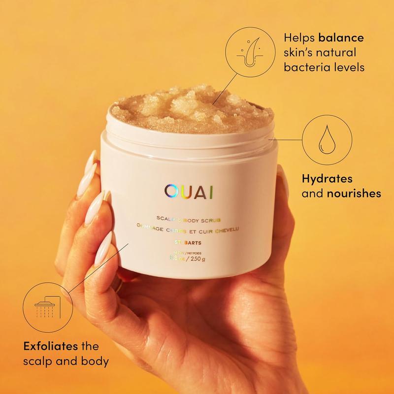 OUAI Scalp & Body Scrub, St. Barts Travel Size - Exfoliating Body Scrub with Sugar & Coconut Oil Blend for Smooth, Moisturized Skin - Gentle Scalp Scrub for Removing Product Build up (3.4Oz) OUAI