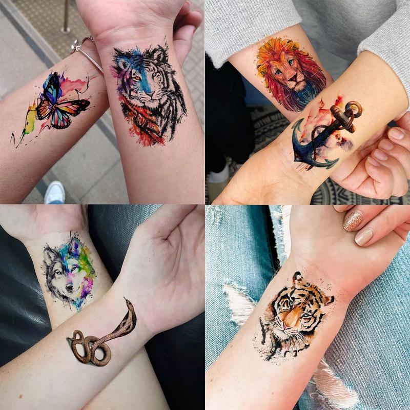 Watercolor Skull & Animals Pattern Temporary Tattoo Sticker, 55pcs set Funny Waterproof Fake Tattoo Sticker, Body Art Sticker for Kids & Adults