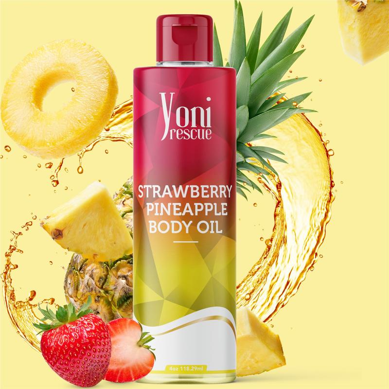 Strawberry Pineapple Body Oil, 4oz, with Apricot, Jojoba, Avocado Oils & Vitamin E Oil, Fast-Absorbing, Nourishes and Hydrates Skin, Skin Repair, Body Care, Ideal for All Skin Types, Strawberry Pineapple Fragrance Moisturizer by Yoni Rescue body oil