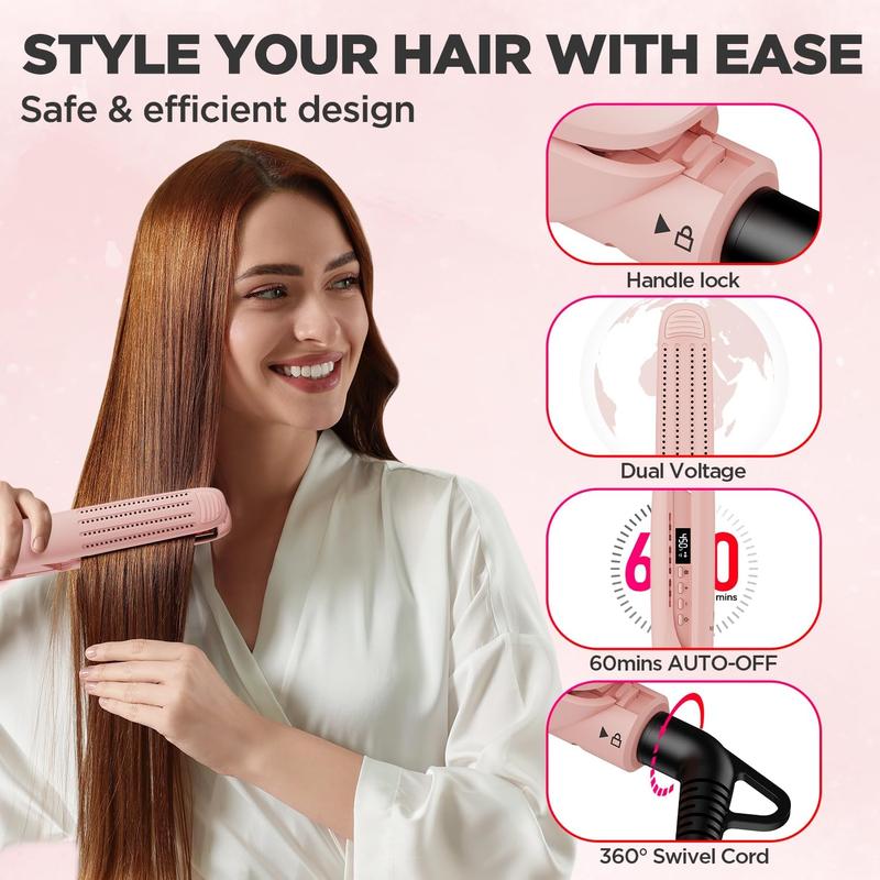 360° Airflow Styler Curling Iron, Titanium Flat Iron Hair Straightener and Curler 2 in 1, Professional Curing Wand with Ionic Aroma Cool Air, 13 Adjustable Temps, Dual Voltage for Long Hair Salon Comfort