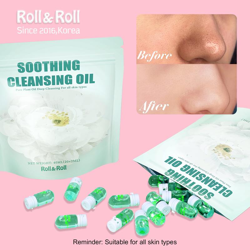 Korean Roll&Roll Camellia Deep Cleansing Oil, facial cleansing oil, blackhead remover, cleanses without clogging pores, leaves no residue, exfoliates, fragrance-free and dye-free, suitable for all skin types, 20 capsule