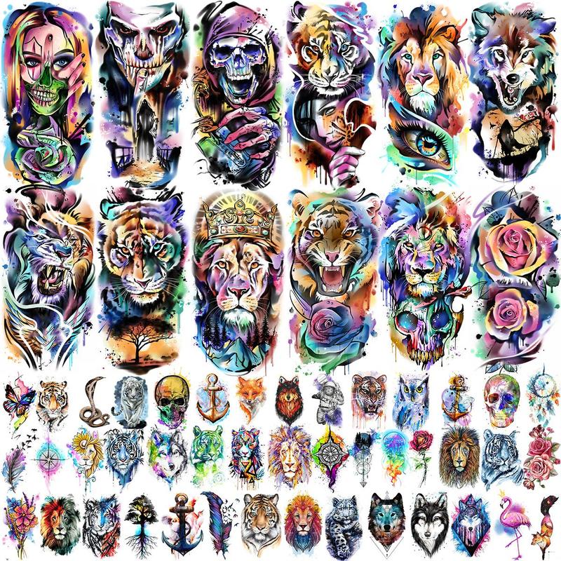 Watercolor Skull & Animals Pattern Temporary Tattoo Sticker, 55pcs set Funny Waterproof Fake Tattoo Sticker, Body Art Sticker for Kids & Adults