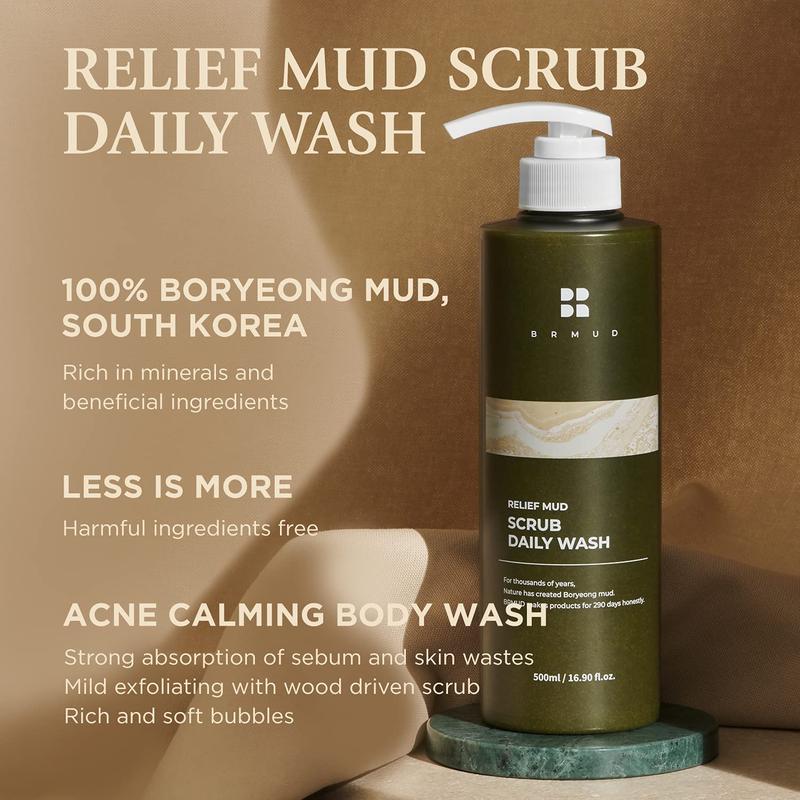 BRMUD Relief Mud Scrub Daily Wash - Official Product Gentle Korean Exfoliating Body Wash Scrub Gel w  Mud Powder for Breakout-Prone Skin (1.01 fl oz) Body Care Coconut Cranberry Exfoliator Hydrating Hypoallergenic Moisturizing Soothing