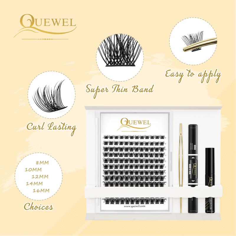 QUEWEL DIY Lash Extensions Kit, 144Pcs Lash Clusters with Bond & Seal with Remover, Waterproof Cluster Lashes, Makeup Eyelash Extensions for Beginner