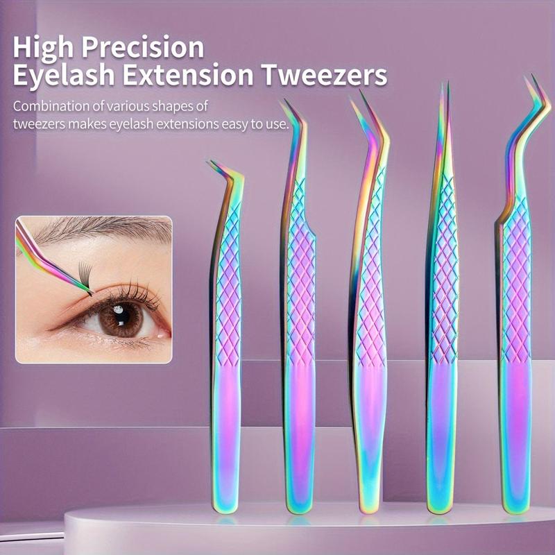 Professional Eyelash Extension Tweezers Set, 5 Counts set Stainless Steel Eyelash Tools, Eye Makeup Tool for Women & Girls