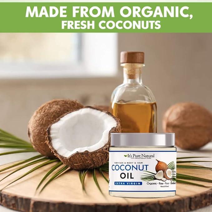 It's Pure Natural Extra Virgin Organic Unrefined Raw Coconut Oil (16 oz) for Skin, Hair, Cuticles, Scalp & Foot| Moisturizes & Nourishes Skin | Use In Massage, Oil Carrier & DIY Skin Care Recipes