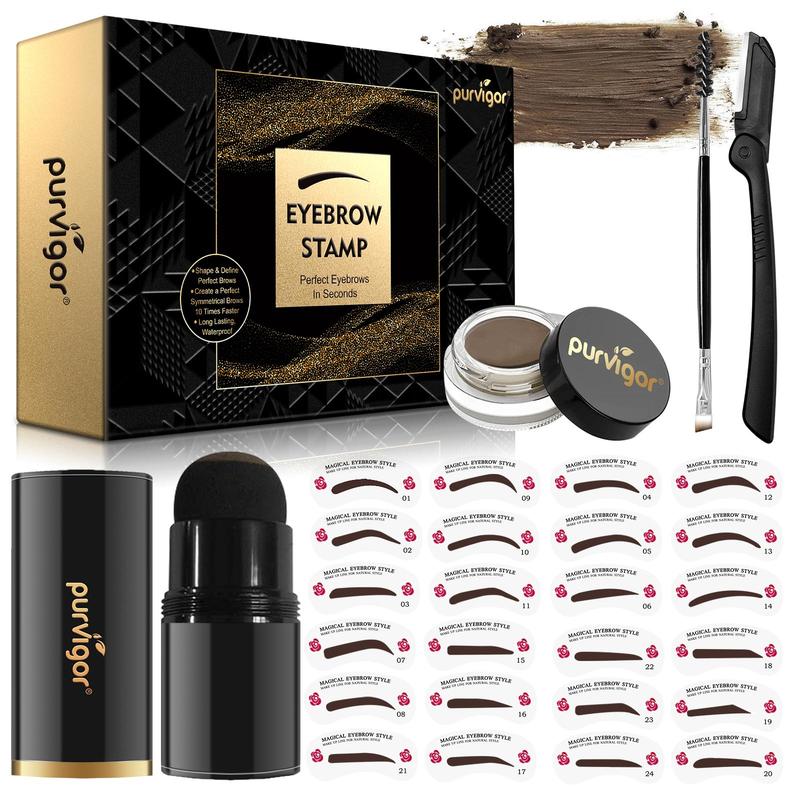 Eyebrow Stamp Kit, 1 Set Including Eyebrow Stamp & Eyebrow Powder & Eyebrow Card & Eyebrow Brush & Eyebrow Razor, Eye Brow Makeup Tool for Women