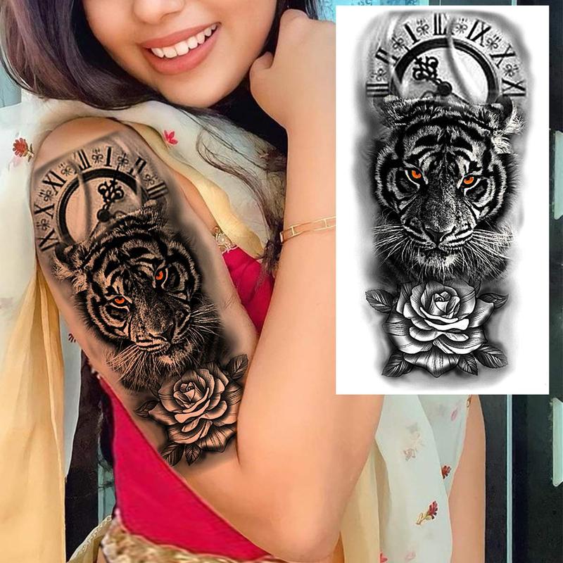 Clock Tiger Rose Tattoo Sticker, 1 Count Fake Tattoo Sleeve Sticker, Waterproof Temporary Tattoo Sticker For Women Men