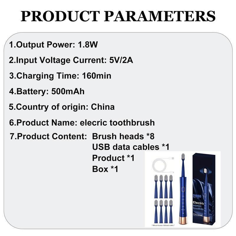 Electric Toothbrush, 1 Box Rechargeable Sonic Toothbrush with 8 Counts Replacement Brush Head, Portable Toothbrush for Home & Travel