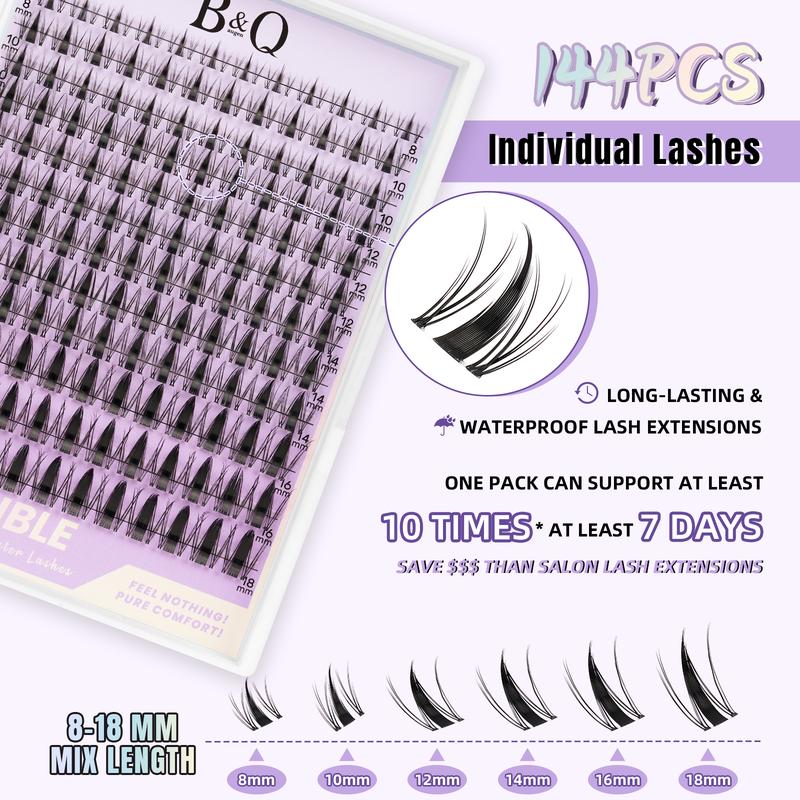 B&Q LASH l Fairy Manga Lash Kit l Ultra-Thin Invisible Band with 144pcs Individual Lashes, C Curl for DIY Lashes Extension, Waterproof Long Lasting