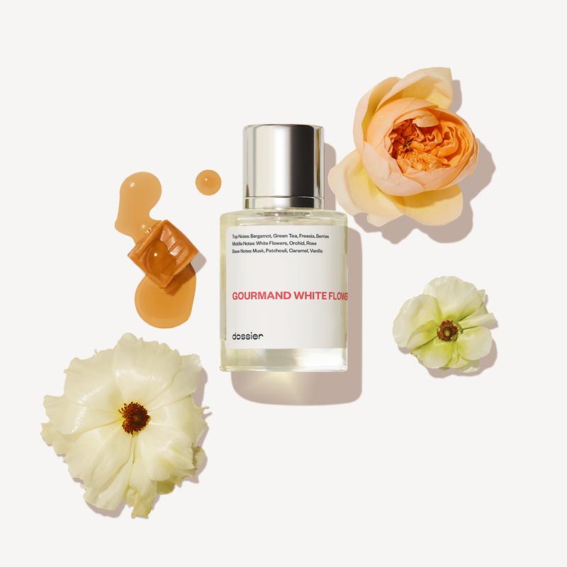 Gourmand White Flowers, Dossier, Women, 50ml-100ml, Eau De Parfum, Bergamot, Green Tea, Freesia, Berries, White Flowers, Orchid, Rose, Caramel, Vanilla, Musk, Patchouli