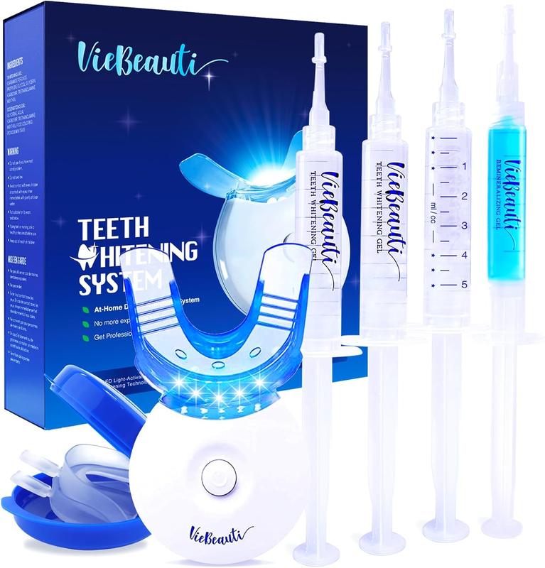 VieBeauti Teeth Whitening Kit Gel: LED Light with Carbamide Peroxide, Mouth Trays, Remineralizing Gel and Tray Case for Sensitive Teeth, Professional Oral Beauty Products Dental Tools