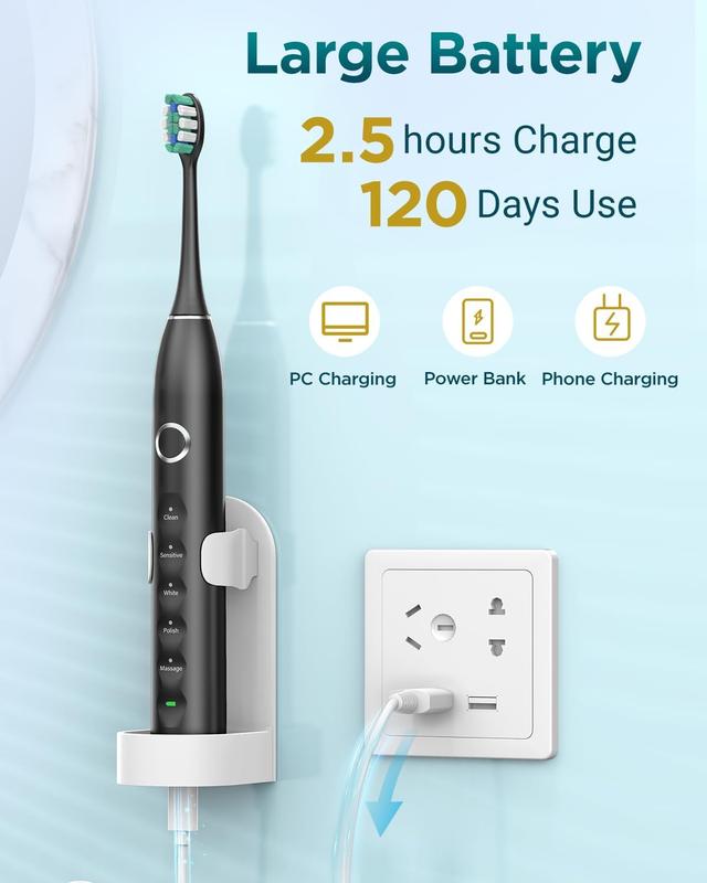 RTAUYS S5 Sonic Electric Toothbrush for Adults with 8 Replacement Brush Heads, 2.5 Hour Battery Life, 2-Minute Timer, IPX7 Waterproof, and Travel Case