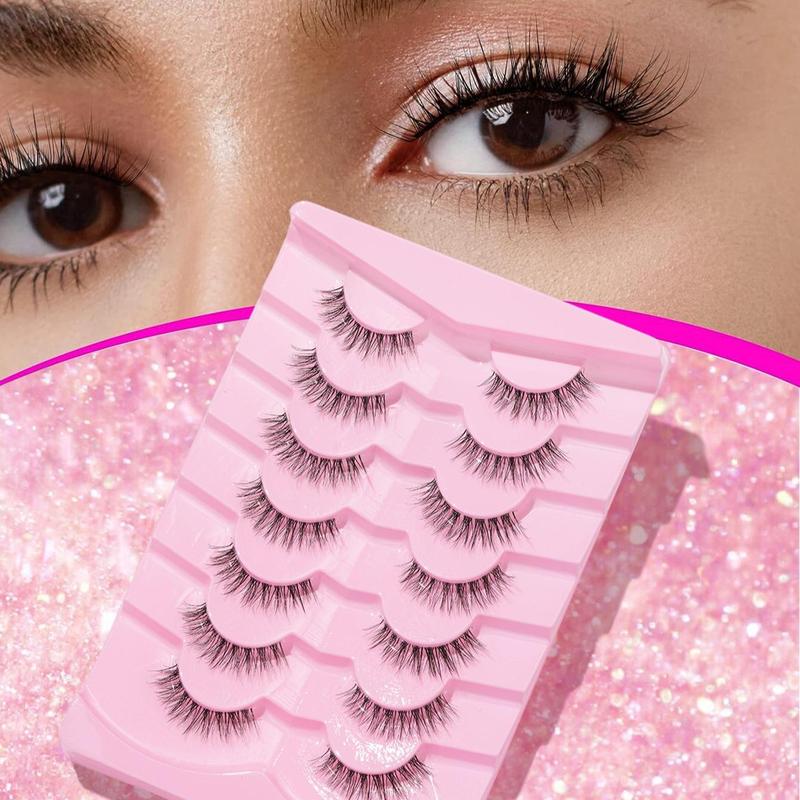 Natural Curling False Eyelashes (7 Pairs), Wispy Cat Eye Look Faux Cluster Lashes, Volumized False Eyelashes for Women and Girls Eye Makeup Enhancement