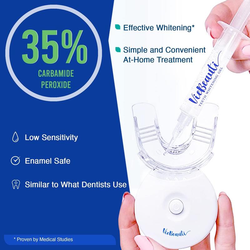 VieBeauti Teeth Whitening Kit Gel: LED Light with Carbamide Peroxide, Mouth Trays, Remineralizing Gel and Tray Case for Sensitive Teeth, Professional Oral Beauty Products Dental Tools