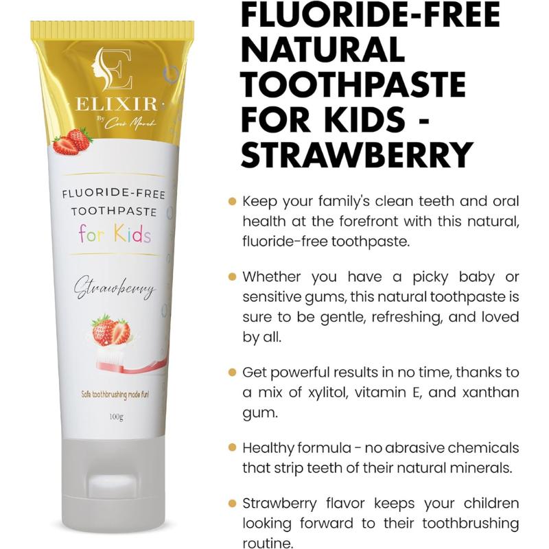 Coco March Fluoride Free Natural Toothpaste for Kids, Delicious Strawberry Flavor, Fresh Breath, Clean Teeth and Healthy Gums for Children, 100g