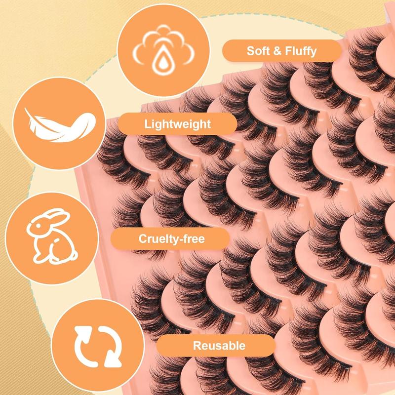 3D Fluffy False Eyelashes, 14 Pairs Wispy Fox Eye Faux Cluster Lashes, Natural Curling Eye Makeup Strip Lashes, Volumized False Eyelashes for Women and Girls