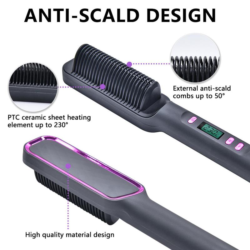 Hair Straightener and Volumizer - Hair Straightener Comb with Built-in Ceramic Heating Plate, Fast Heating & 3 Temp Settings & Anti-Scald, for Salon at Home, Gift for Women