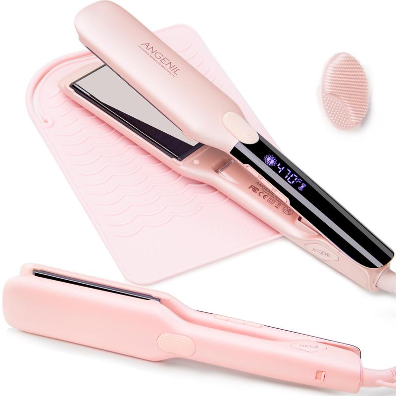 Professional Titanium Flat Iron Hair Straightener, 1 Count 2 in 1 Hair Straightening Iron with Heat Resistant Silicone Mat, Adjustable Temp Hair Straightener