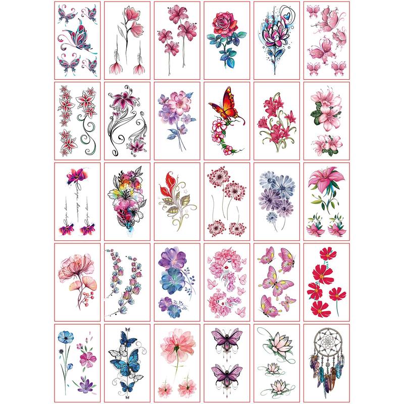 Floral & Butterfly Pattern Temporary Tattoo Sticker, 30pcs set Waterproof Temporary Tattoo Decals, Colorful Body Art Stickers for Back Arm Leg