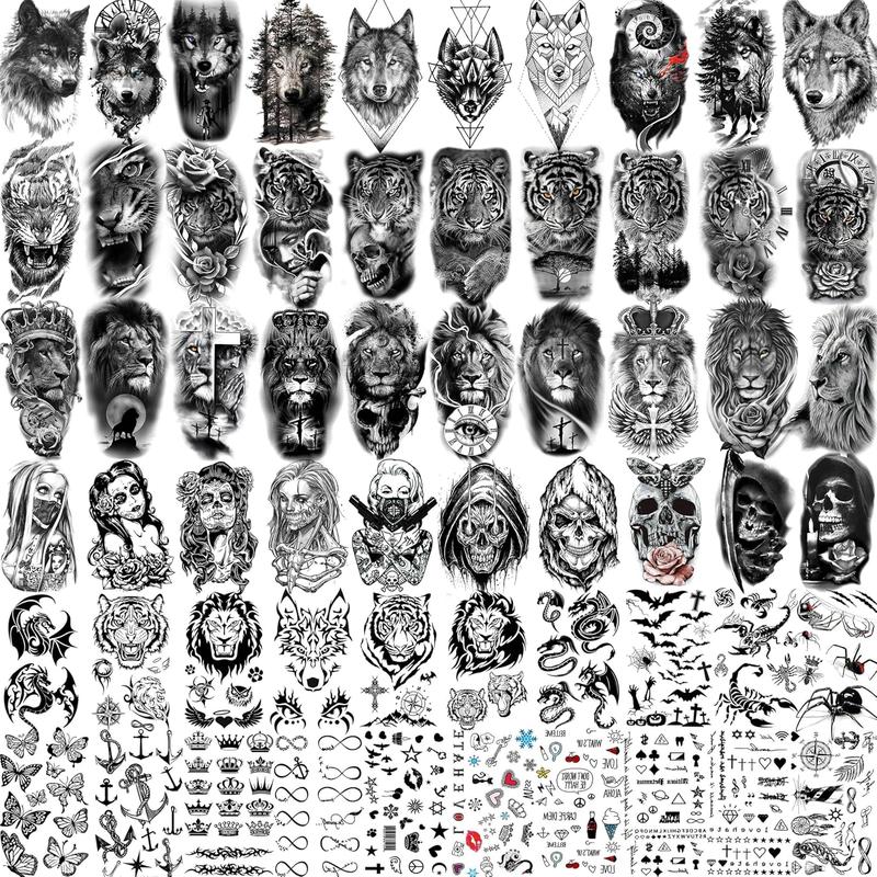 60 Sheets 3D Cool Lion Tiger Temporary Tattoos For Men Women Arm Finger Hands, Small Scary Devil  Skeleton  Tattoos For  Teens , Black Wolf Dragon Realistic  Sticker