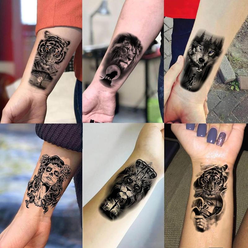 60 Sheets 3D Cool Lion Tiger Temporary Tattoos For Men Women Arm Finger Hands, Small Scary Devil  Skeleton  Tattoos For  Teens , Black Wolf Dragon Realistic  Sticker