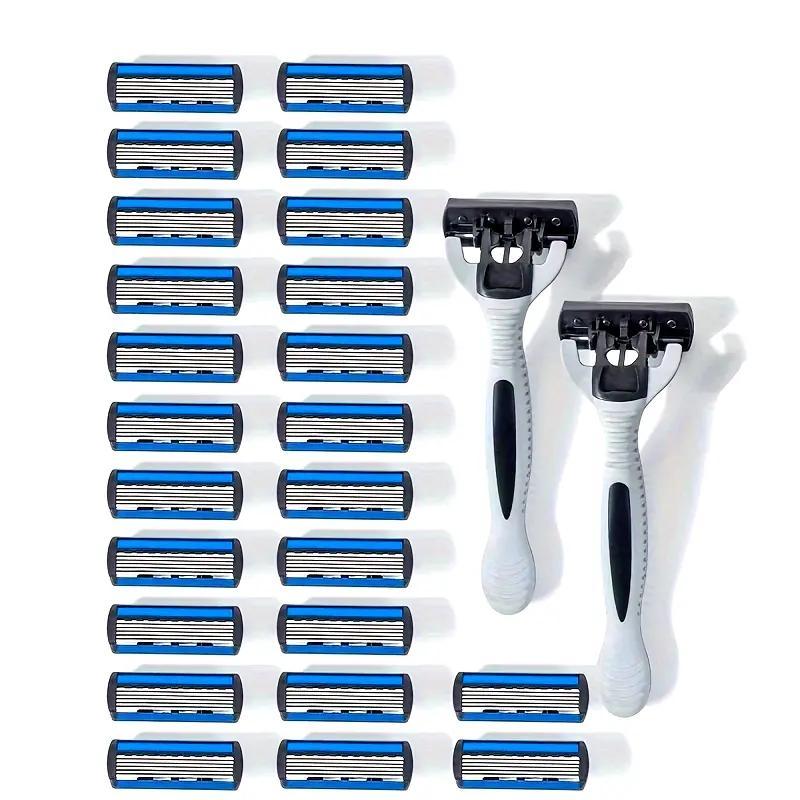 Men's Manual Razor Set, 2 Counts Razor Holder & 24pcs 6-layer Stainless Steel Reusable Razor Blade, Men's Personal Care Products, Christmas Gift