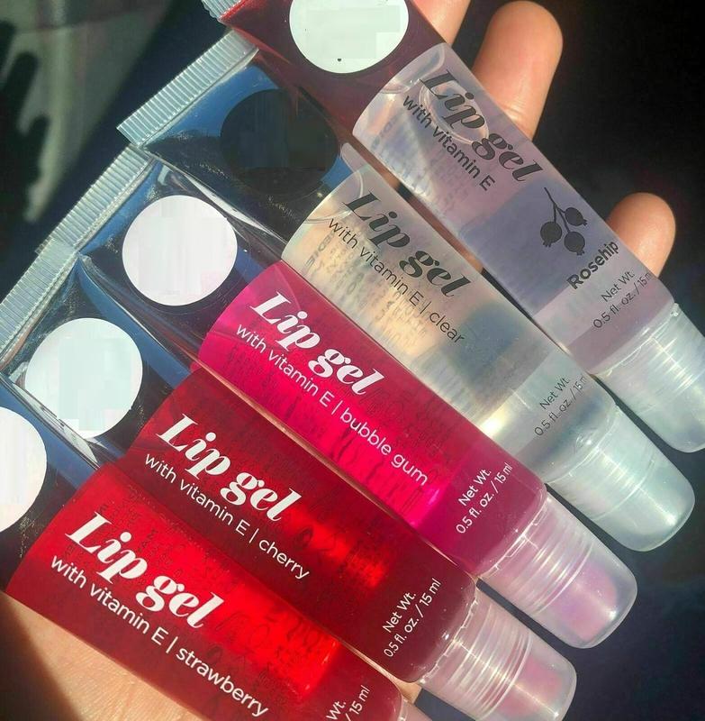 VARIETY SET OF 5   Hydrating Lip Gel - Vitamin E (Clear, Rosehip Oil, Bubble Gum, Cherry, Strawberry) For pretty girls Skincare Comfort