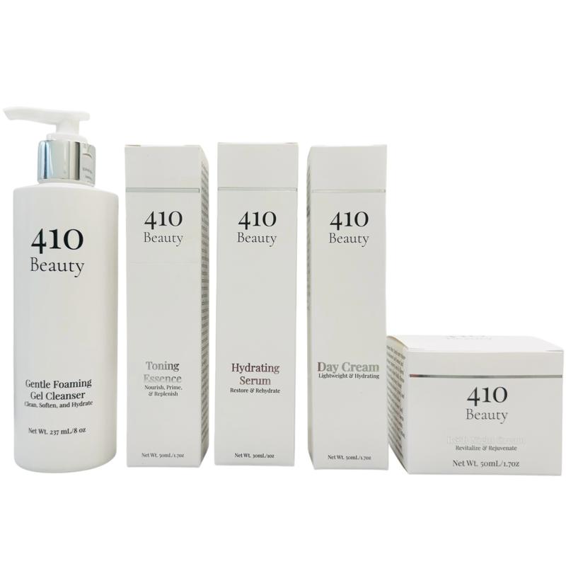 410 Beauty Essentials Bundle- Includes a 237mL bottle of our Gentle Foaming Gel Cleanser, a 50mL bottle of our Toning Essence, a 30mL bottle of our Hydrating Serum, a 50mL bottle of our Day Cream, and a 50mL jar of our R&R Night Cream