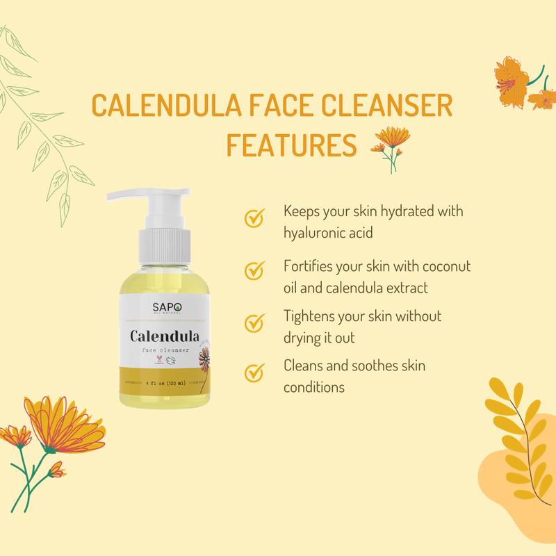 Sapo All Natural Calendula Face Cleanser with Coconut Oil & Hyaluronic Acid - Soothes and Purifies Facial Moisture