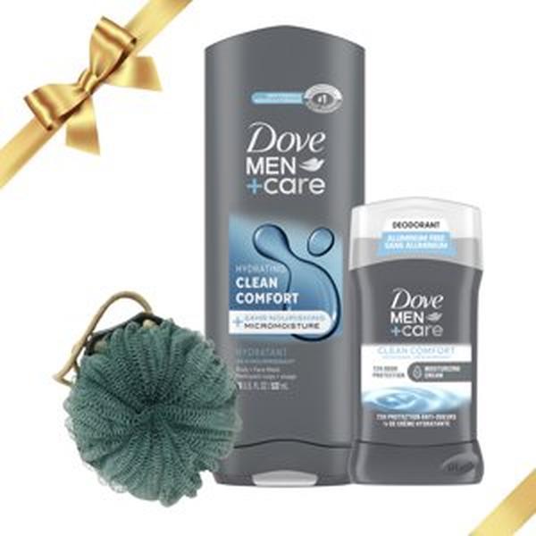 Dove Men+Care Clean Comfort Men's Holiday Gift Set Body + Fash Wash Deodorant Stick & Shower Tool, 3 Count