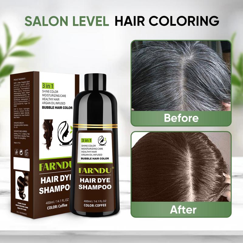 FARNDU-Hair Dye Shampoo, Gray Hair Coverage, 3 in 1 (+Shampoo+Conditioner), 5 Colors Available, 10 Mins Hair Color, Glossy and bright, For Men & Women with All Hair Types, Long Lasting, Plant extracts, Fruity aroma Ammonia-Free Mild (400 mL)-Coffee