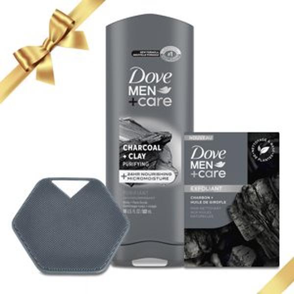 Dove Men+Care Charcoal Men's Gift Set Body + Face Wash Exfoliating Bar Soap & Body Scrubber, 3 Count