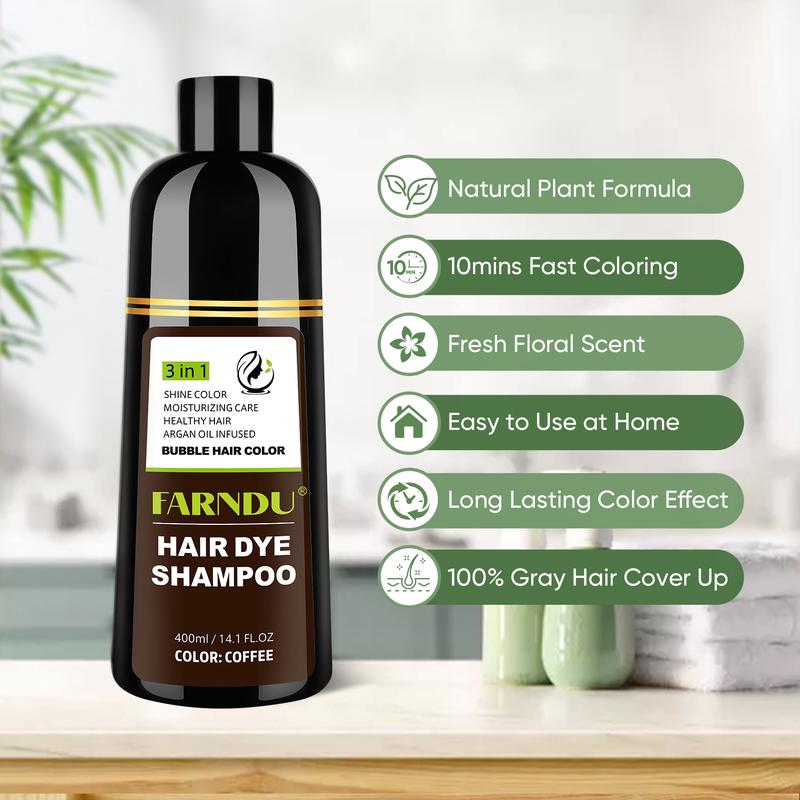 FARNDU-Hair Dye Shampoo, Gray Hair Coverage, 3 in 1 (+Shampoo+Conditioner), 5 Colors Available, 10 Mins Hair Color, Glossy and bright, For Men & Women with All Hair Types, Long Lasting, Plant extracts, Fruity aroma Ammonia-Free Mild (400 mL)-Coffee